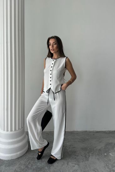KETEN KENARLARI BİYELİ YELEK - PANTOLON TAKIM - Beyaz resmi
